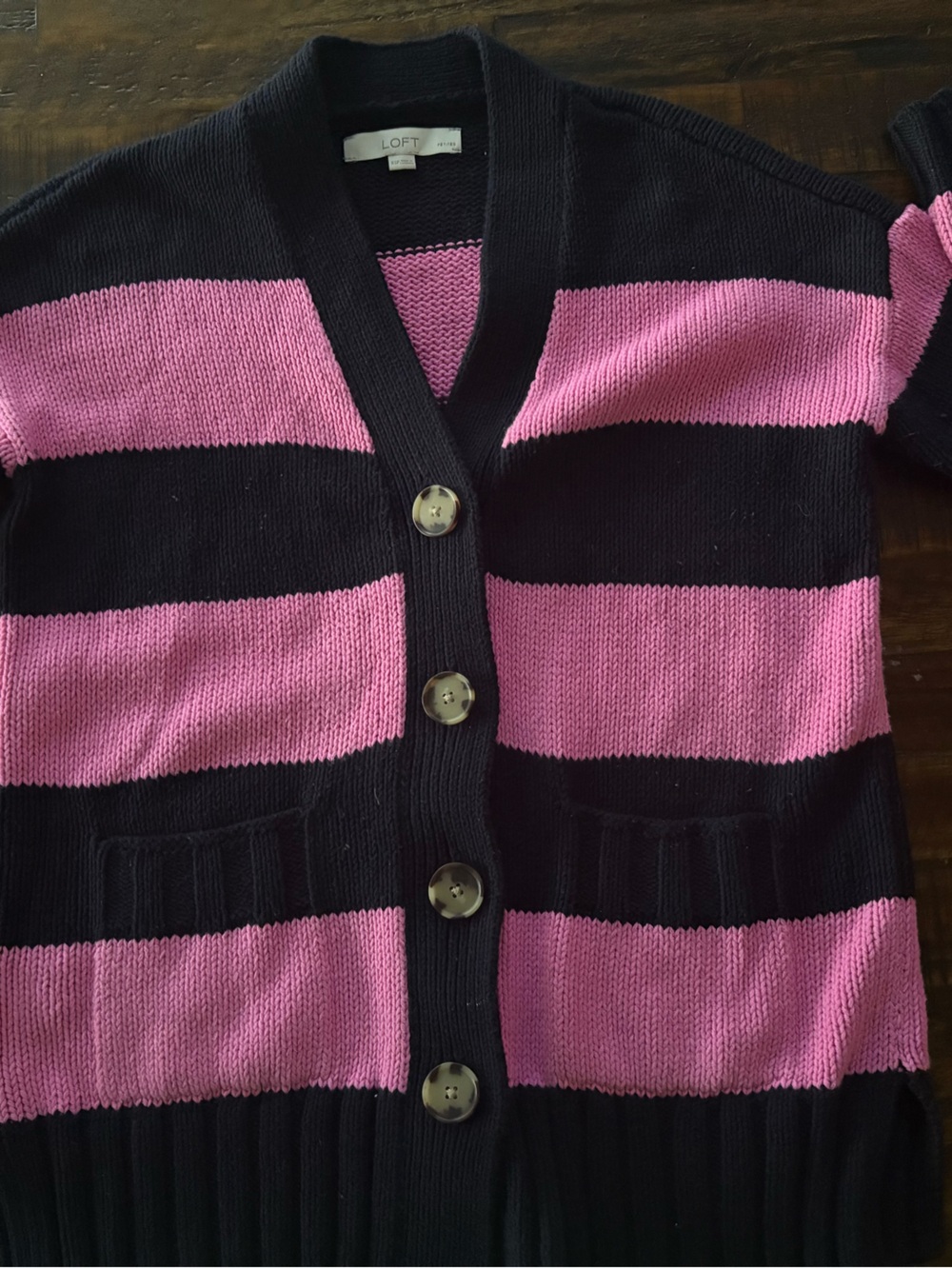 LOFT Navy and Pink Striped Button-Front Cardigan